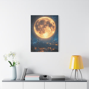 Stretched Canvas Art, Moonlit Cityscape, Home Decor, Starry Night Wall Art, Unique Gift for Moon Lovers