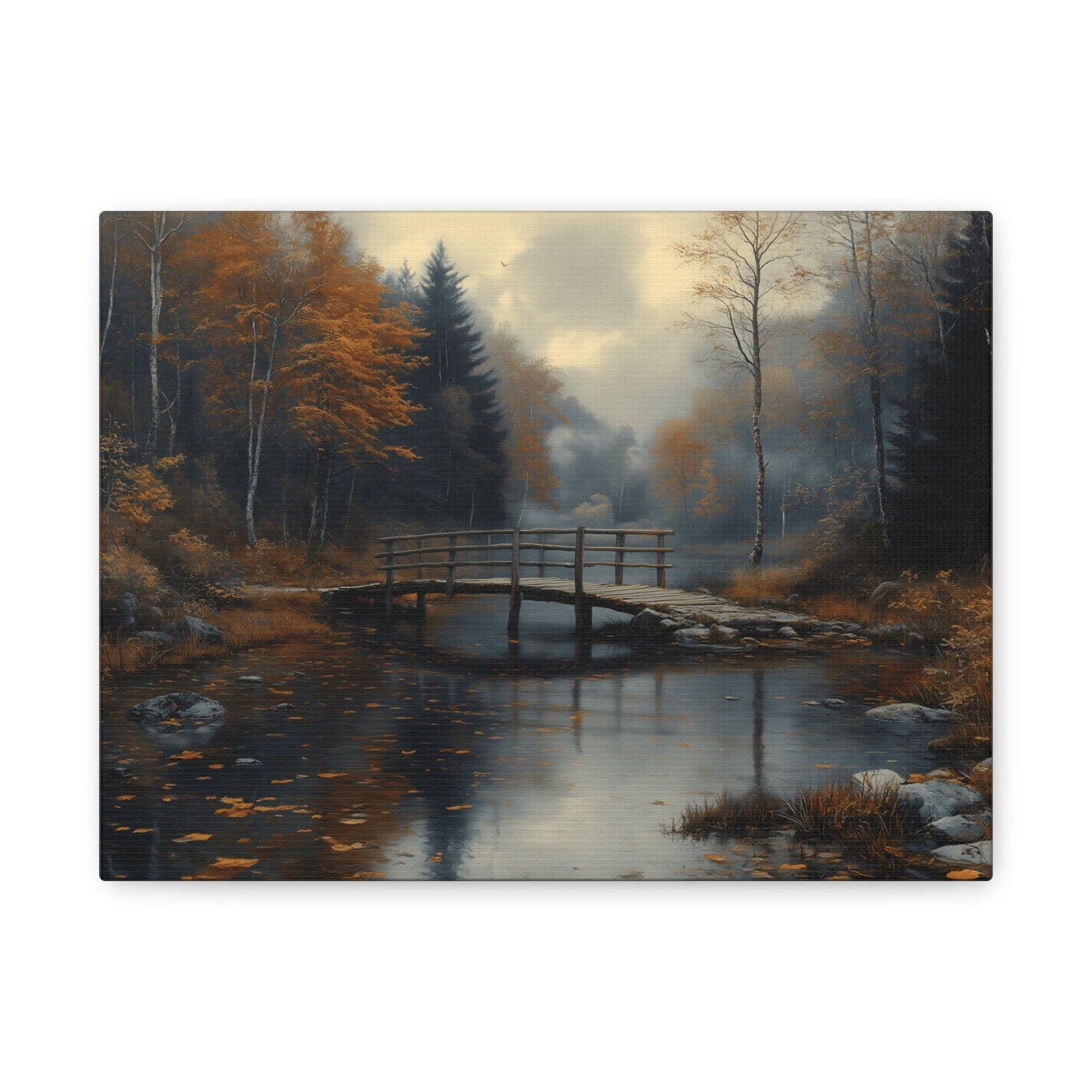Autumn Landscape Canvas Print, Nature Art for Home Decor, Rustic Wall Art, Fall Decor, Bridge and River Painting