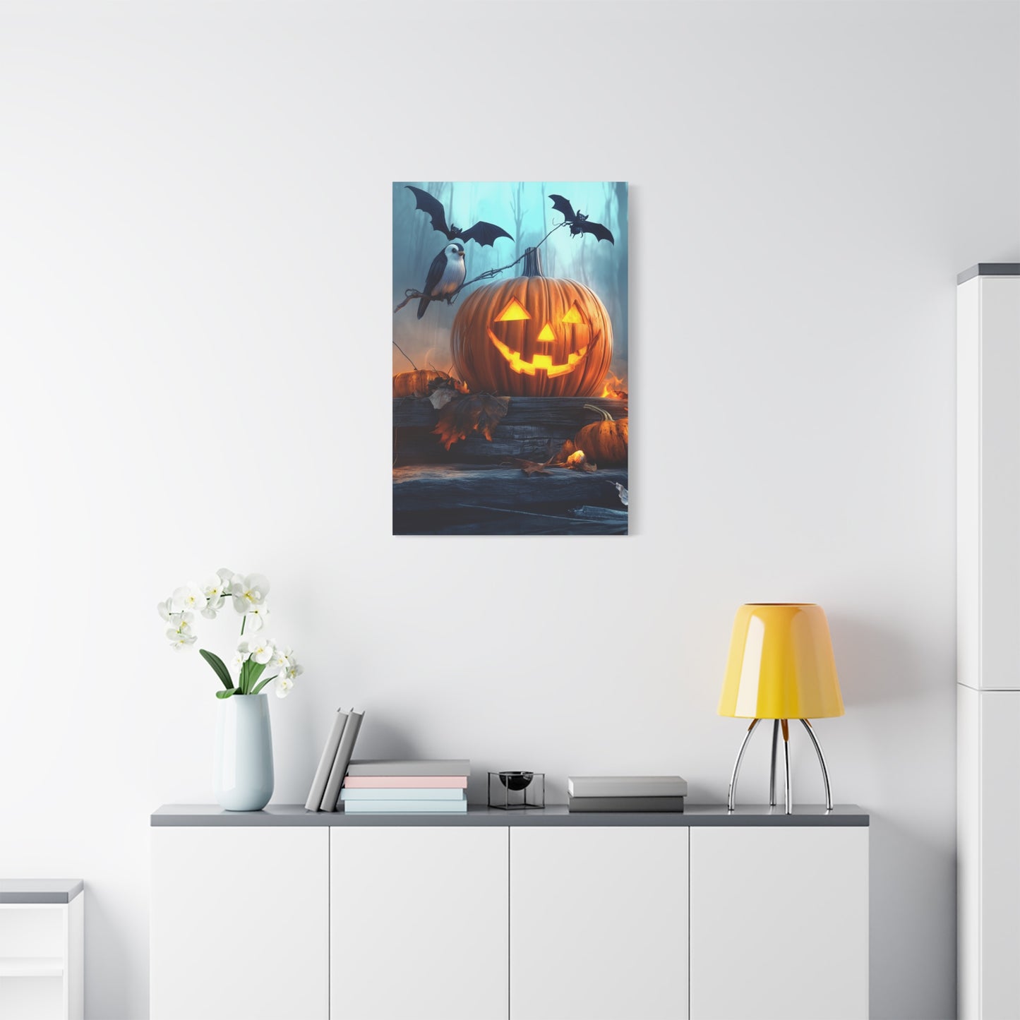 Halloween Canvas Art, Spooky Pumpkin Wall Decor, Fall Home Décor, Autumn Decoration, Bat and Crow Illustration