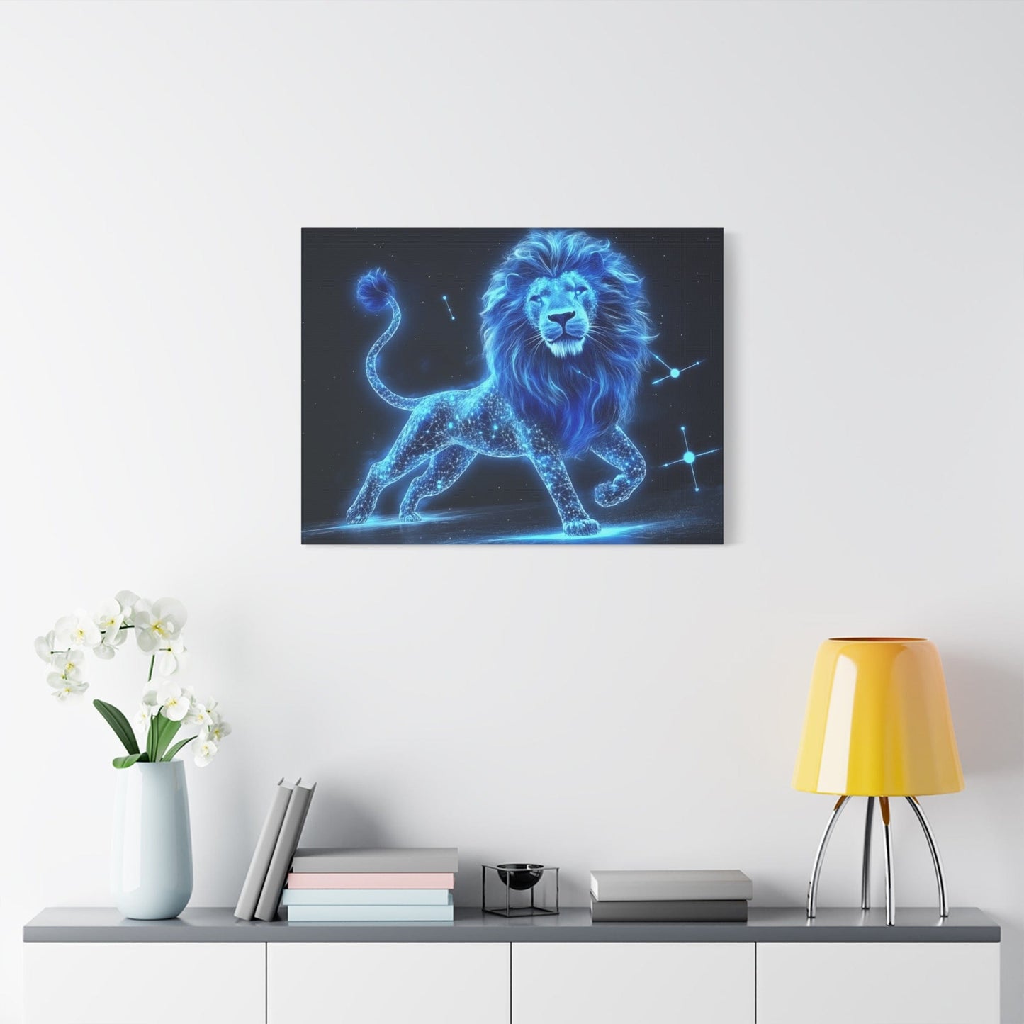 Celestial Lion Canvas Art, Cosmic Decor, Starry Night Wall Art, Gift for Animal Lovers, Home Office Decor, Vibrant Blue Canvas