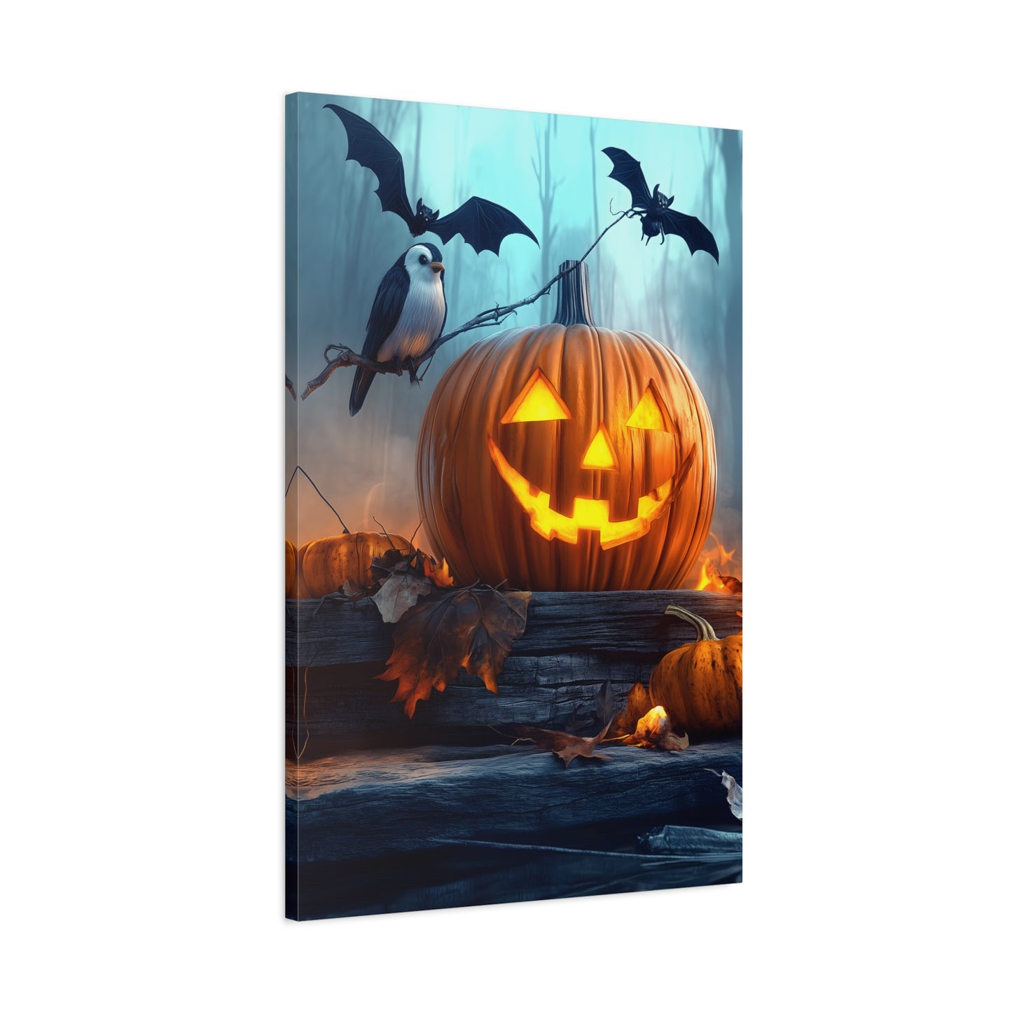 Halloween Canvas Art, Spooky Pumpkin Wall Decor, Fall Home Décor, Autumn Decoration, Bat and Crow Illustration
