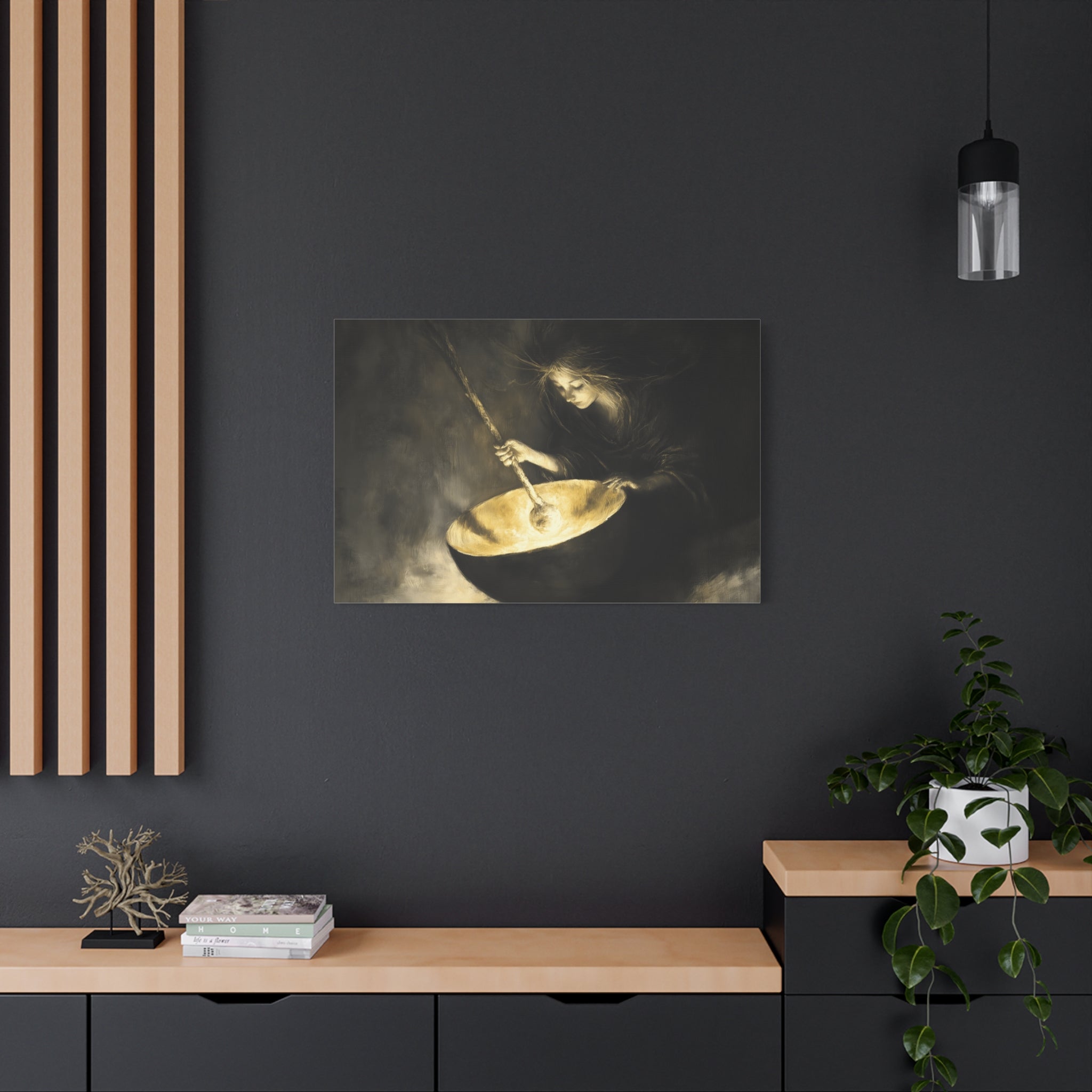 Mystical Canvas Art: Enchanting Witch in Black and Gold, Fantasy Wall Decor, Home & Kitchen Art, Unique Gift for Occasions