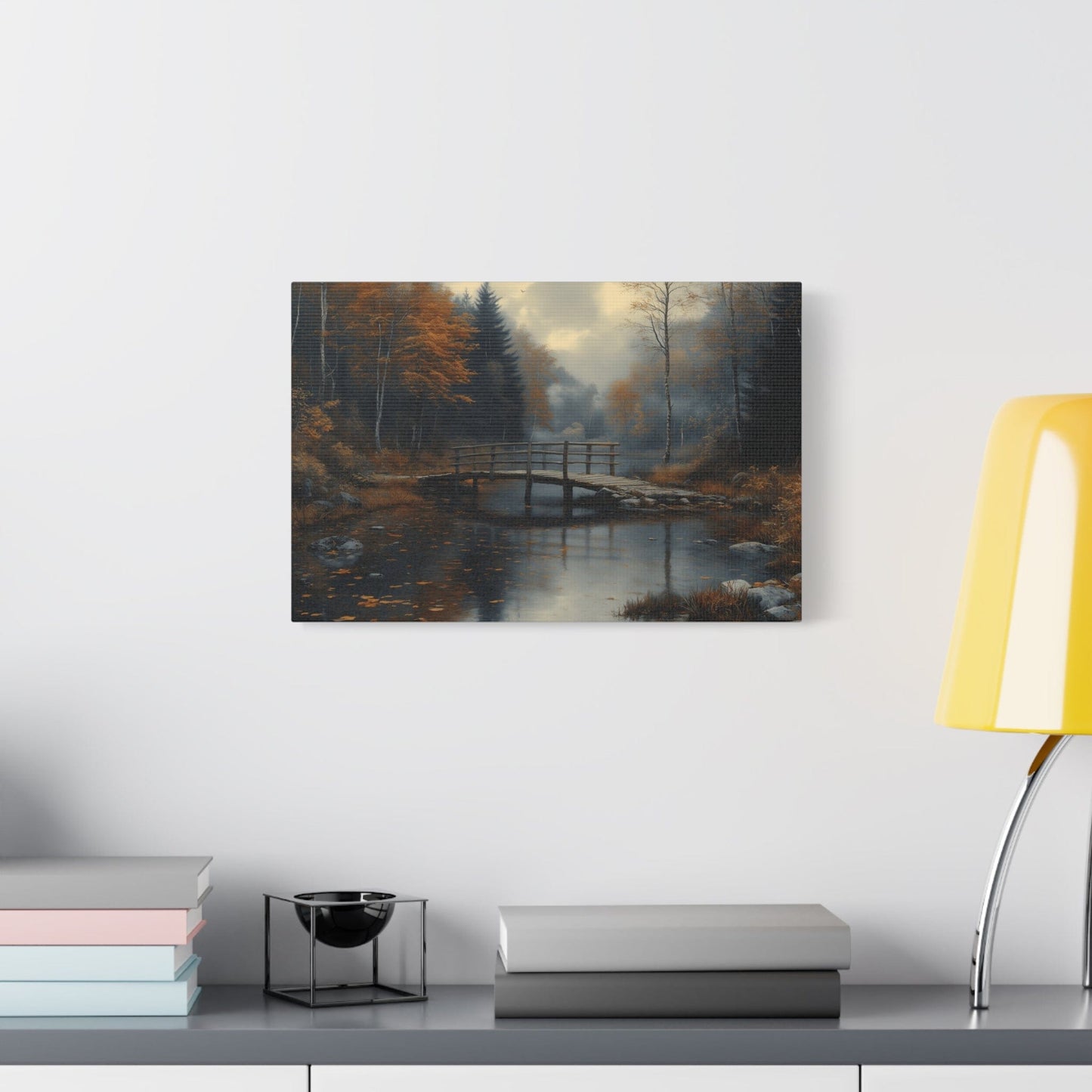 Autumn Landscape Canvas Print, Nature Art for Home Decor, Rustic Wall Art, Fall Decor, Bridge and River Painting