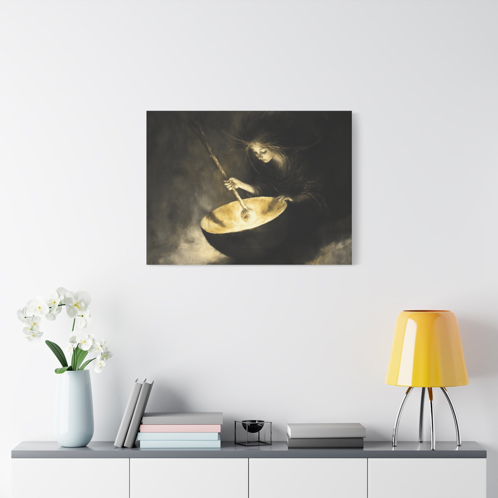 Mystical Canvas Art: Enchanting Witch in Black and Gold, Fantasy Wall Decor, Home & Kitchen Art, Unique Gift for Occasions