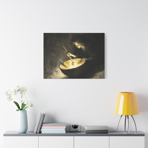 Mystical Canvas Art: Enchanting Witch in Black and Gold, Fantasy Wall Decor, Home & Kitchen Art, Unique Gift for Occasions