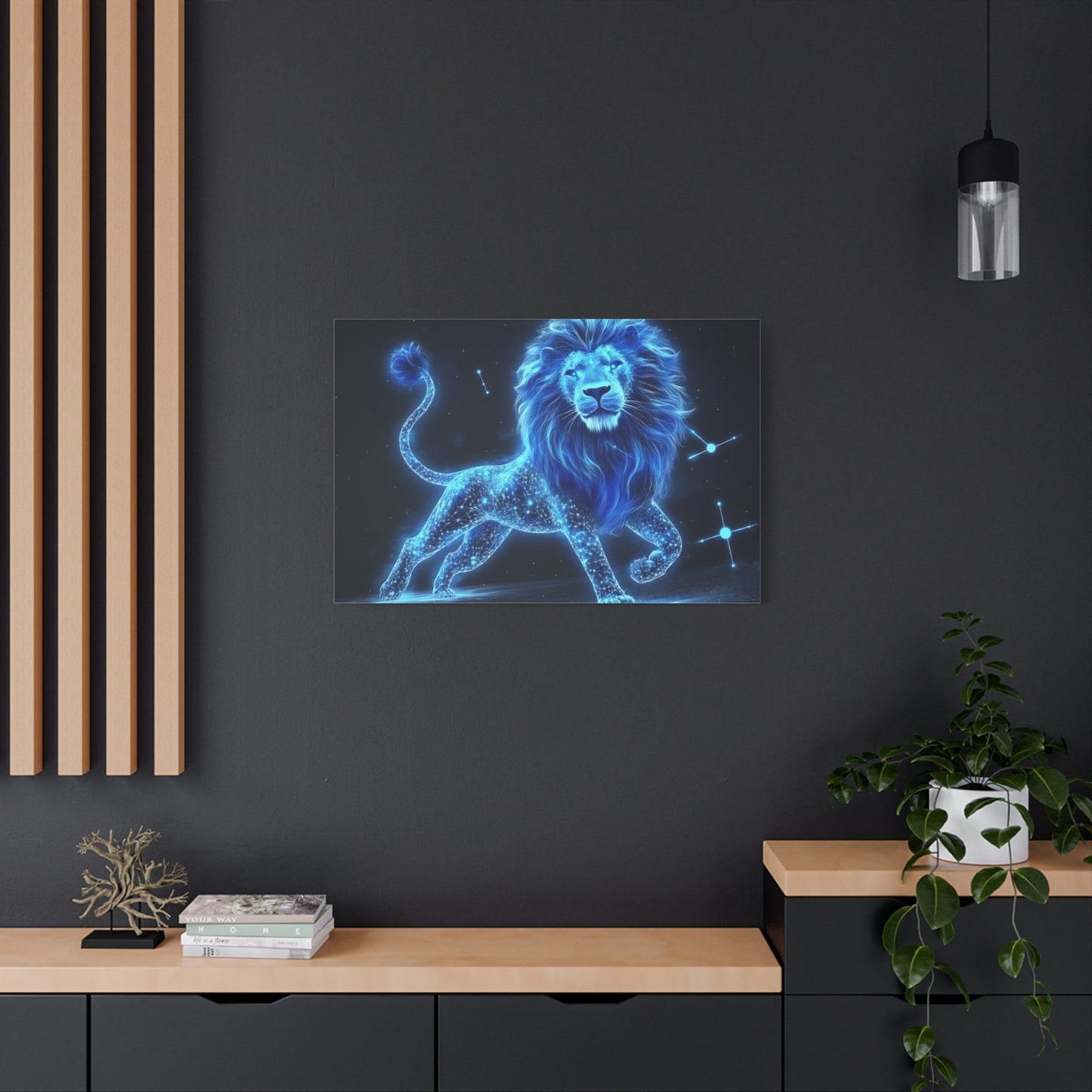 Celestial Lion Canvas Art, Cosmic Decor, Starry Night Wall Art, Gift for Animal Lovers, Home Office Decor, Vibrant Blue Canvas