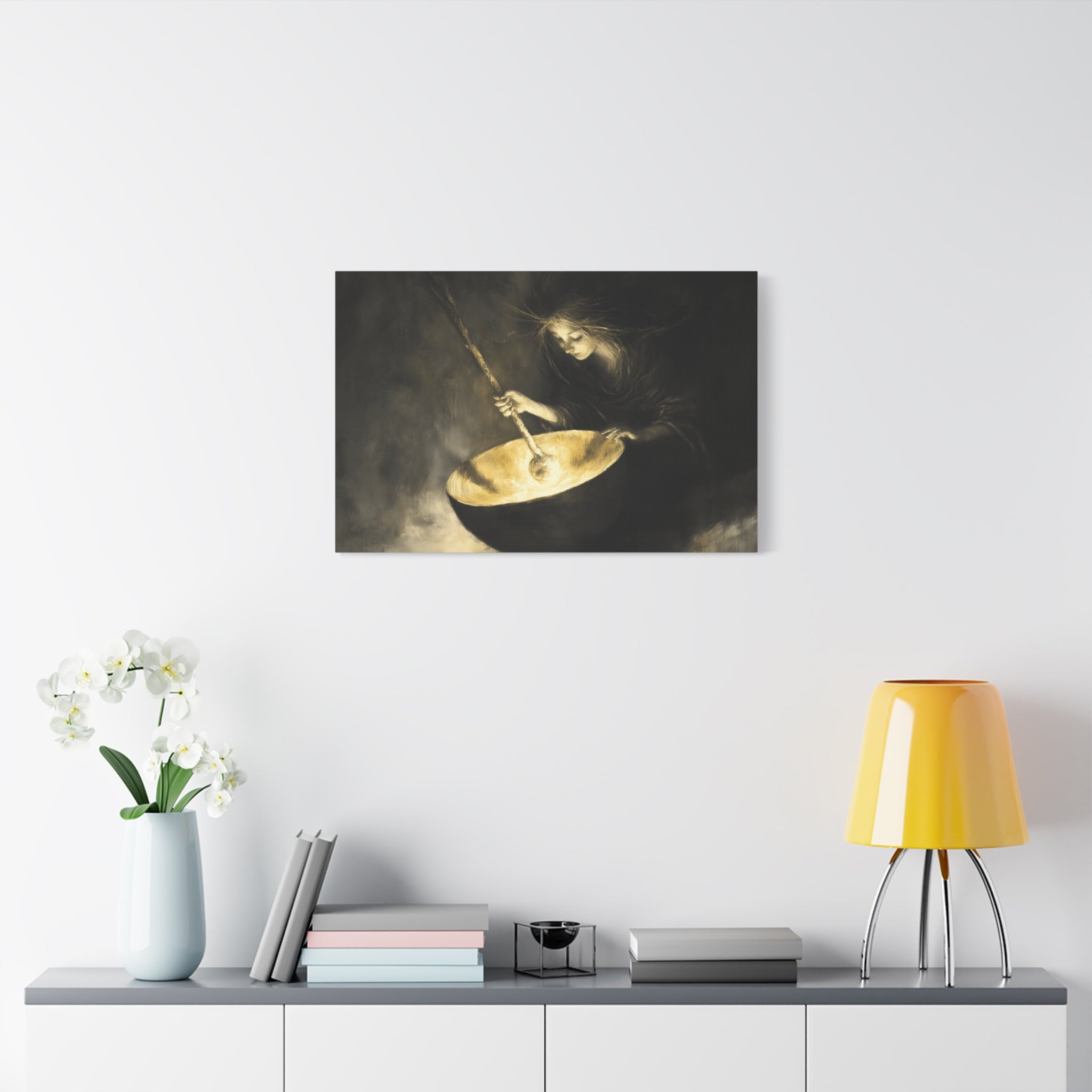 Mystical Canvas Art: Enchanting Witch in Black and Gold, Fantasy Wall Decor, Home & Kitchen Art, Unique Gift for Occasions