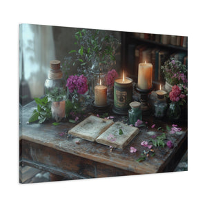 Stretched canvas wall art with vintage floral arrangement and candlelight décor for cozy living room ambiance