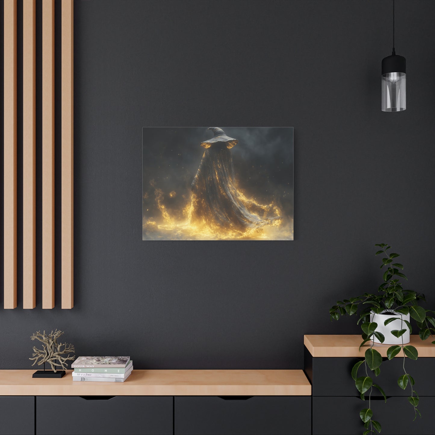 Canvas Wall Art, Fantasy Decor, Wizard Artwork, Fire Theme, Mystical Home Accent