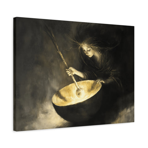 Mystical Canvas Art: Enchanting Witch in Black and Gold, Fantasy Wall Decor, Home & Kitchen Art, Unique Gift for Occasions