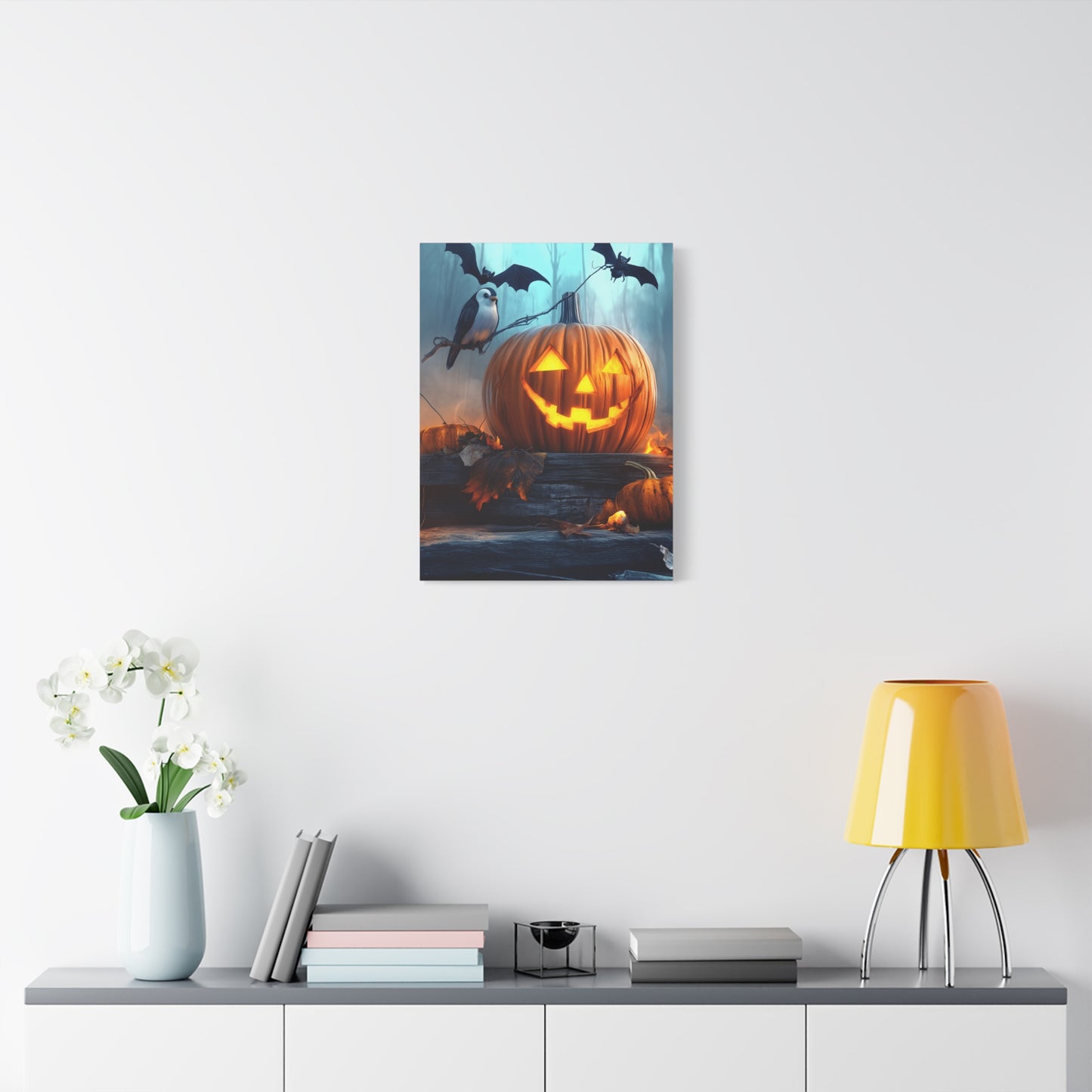 Halloween Canvas Art, Spooky Pumpkin Wall Decor, Fall Home Décor, Autumn Decoration, Bat and Crow Illustration