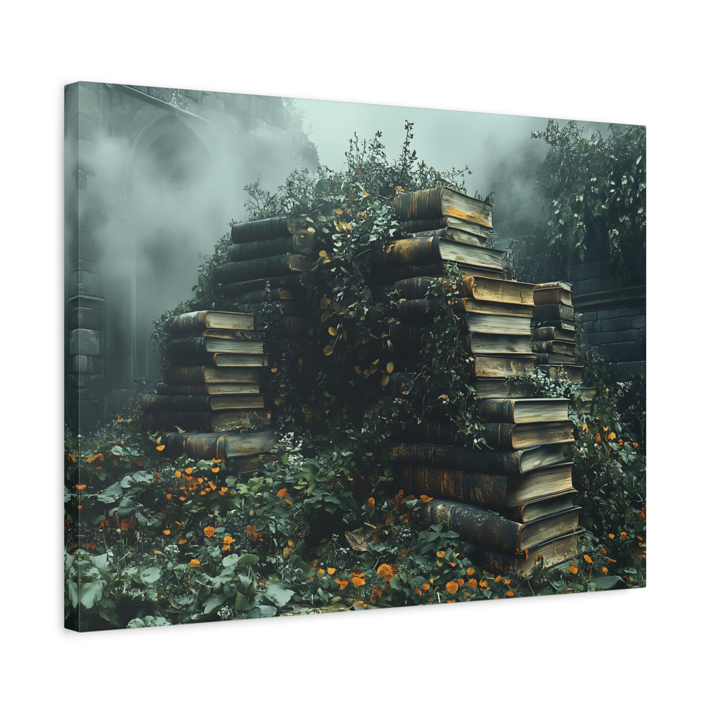 Mystical Book Stack Canvas Art, Enchanted Wall Decor, Literary Home Decor, Cozy Living Room Art, Nature Aesthetic