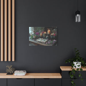 Stretched canvas wall art with vintage floral arrangement and candlelight décor for cozy living room ambiance