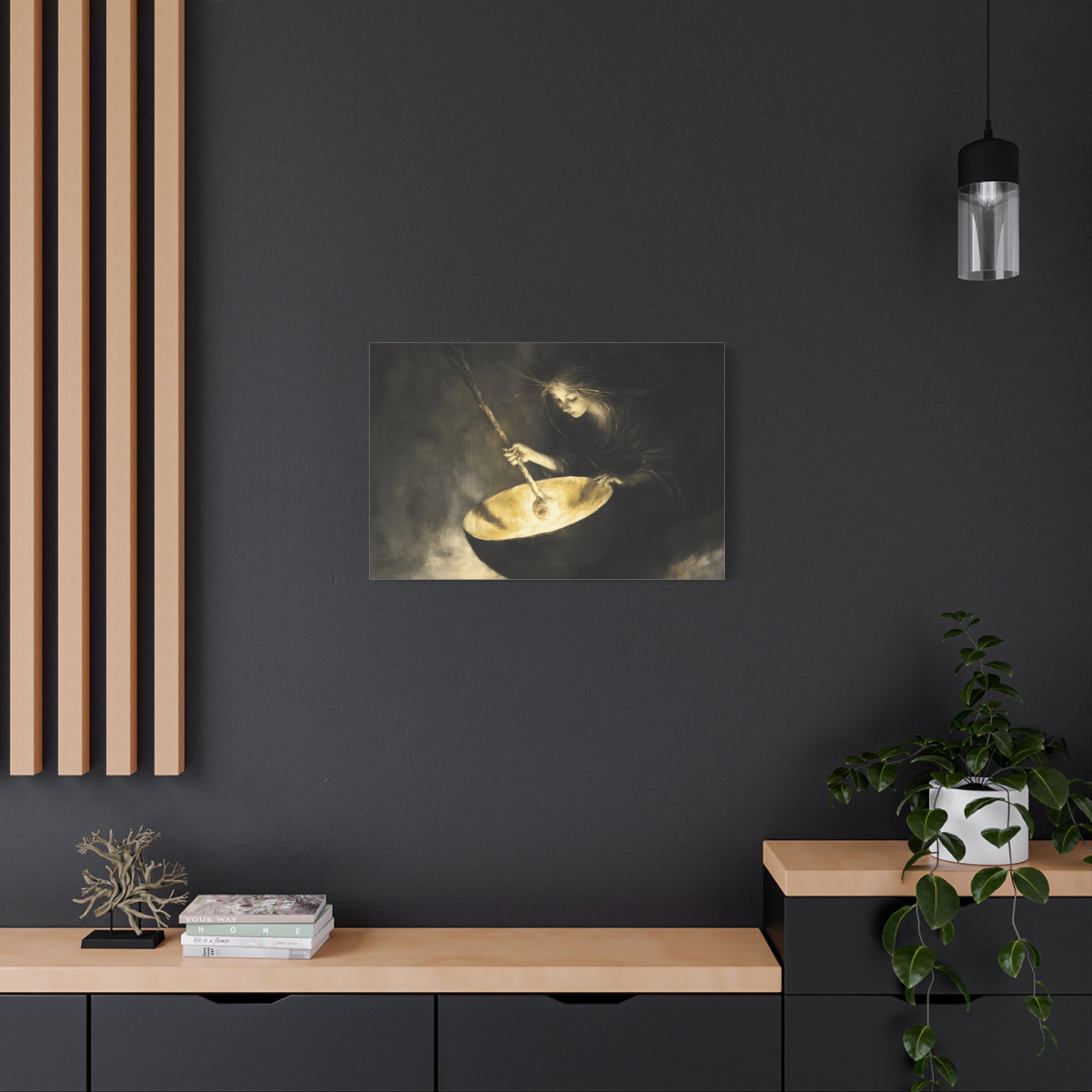 Mystical Canvas Art: Enchanting Witch in Black and Gold, Fantasy Wall Decor, Home & Kitchen Art, Unique Gift for Occasions
