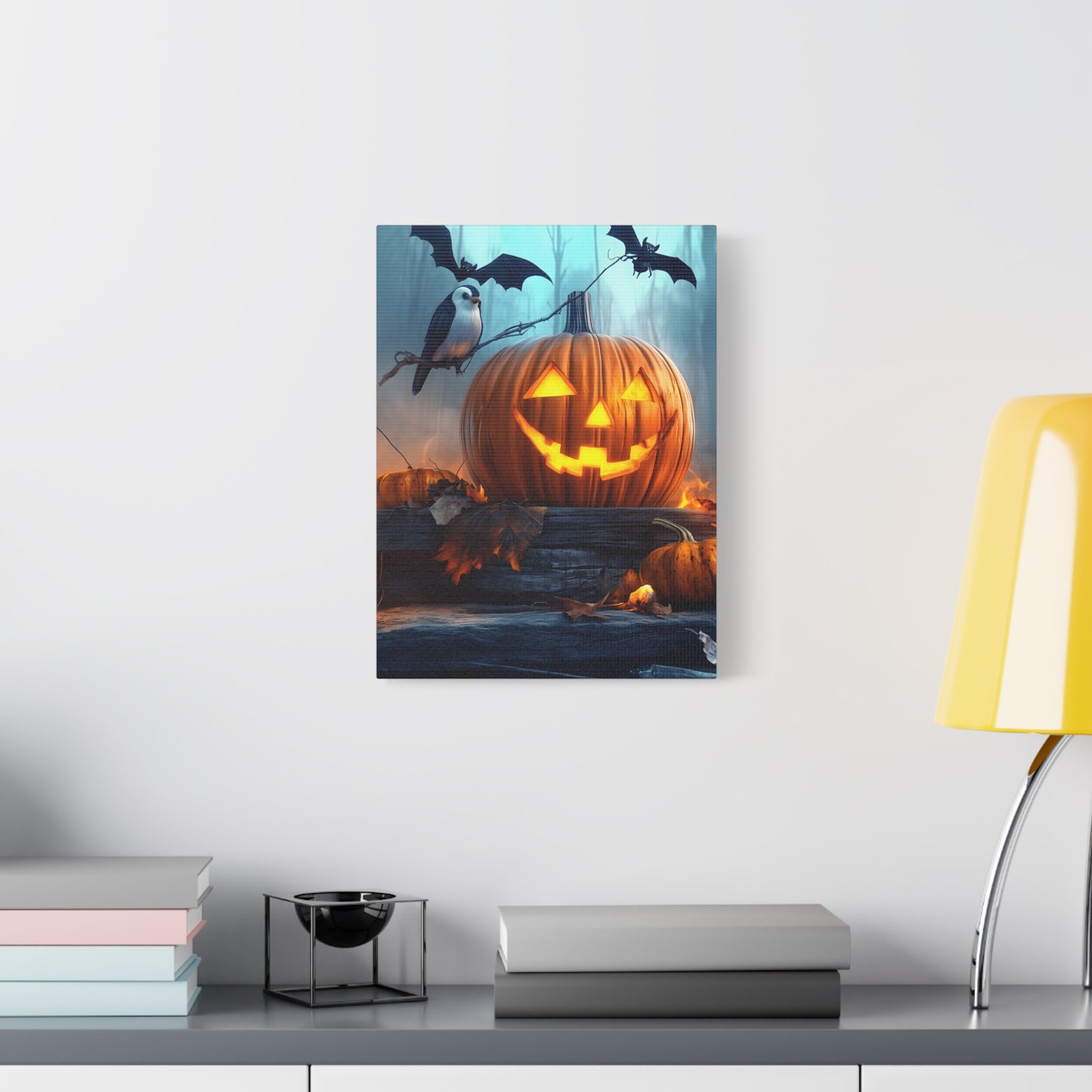 Halloween Canvas Art, Spooky Pumpkin Wall Decor, Fall Home Décor, Autumn Decoration, Bat and Crow Illustration