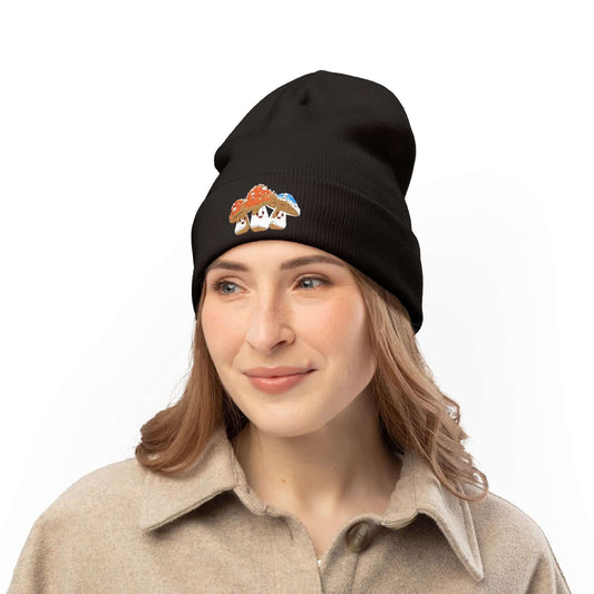 Cozy Mushroom Knit Beanie - Cute Embroidered Hat for Fall, Winter, Camping, Gifts, Festivals.