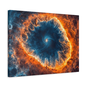 Celestial Canvas Wall Art featuring a vibrant galaxy print with vivid blue and fiery orange cosmic swirls