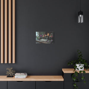 Stretched canvas wall art with vintage floral arrangement and candlelight décor for cozy living room ambiance