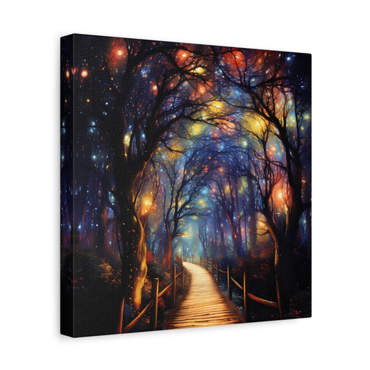Dreamy Forest Path Canvas Art, Colorful Night Scene, Living Room Decor, Unique Gift, Nighttime Wall Art, Home Decoration