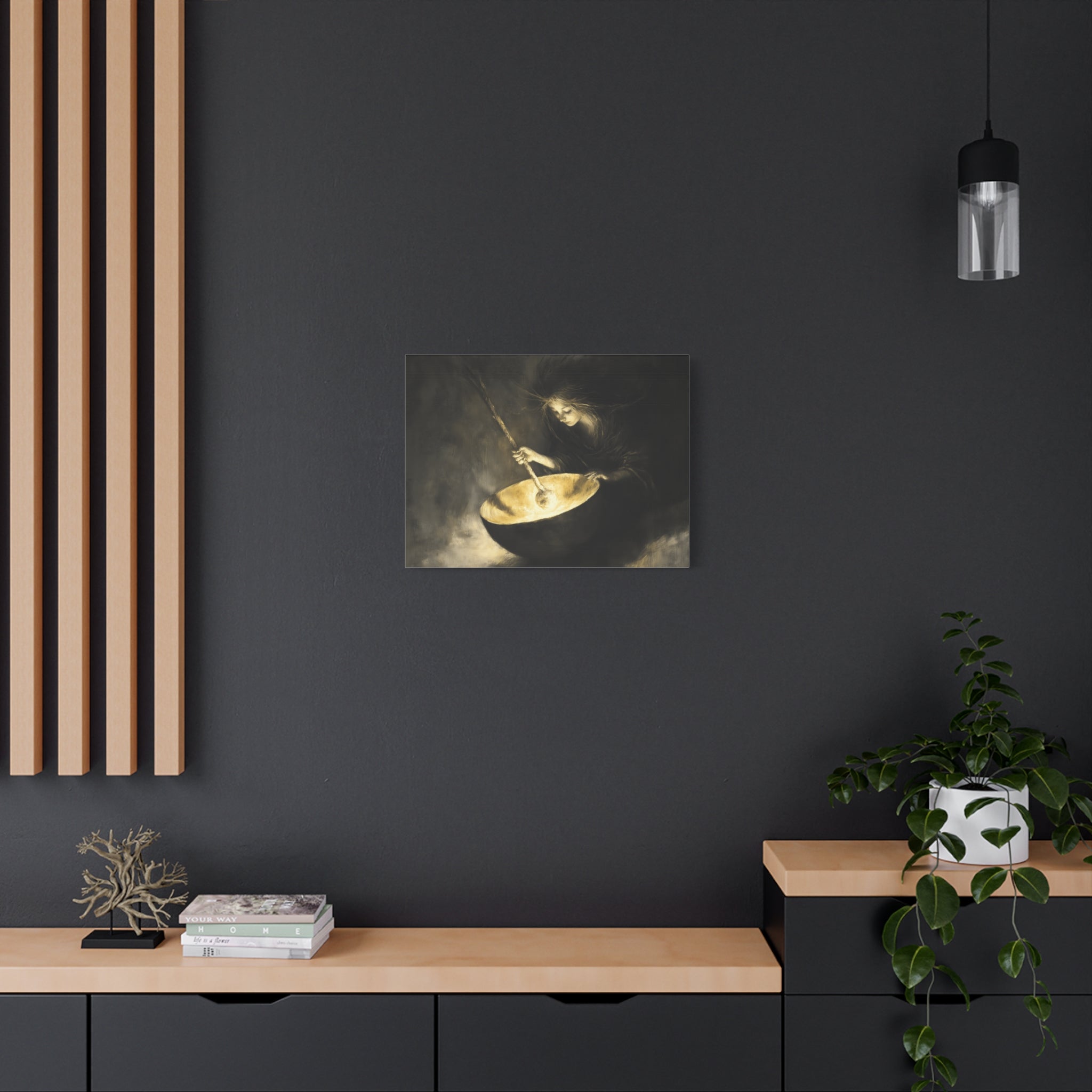 Mystical Canvas Art: Enchanting Witch in Black and Gold, Fantasy Wall Decor, Home & Kitchen Art, Unique Gift for Occasions