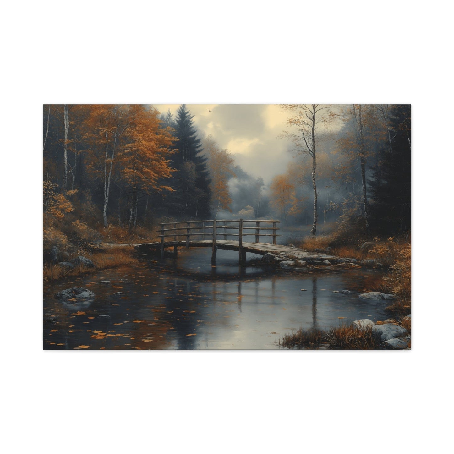 Autumn Landscape Canvas Print, Nature Art for Home Decor, Rustic Wall Art, Fall Decor, Bridge and River Painting