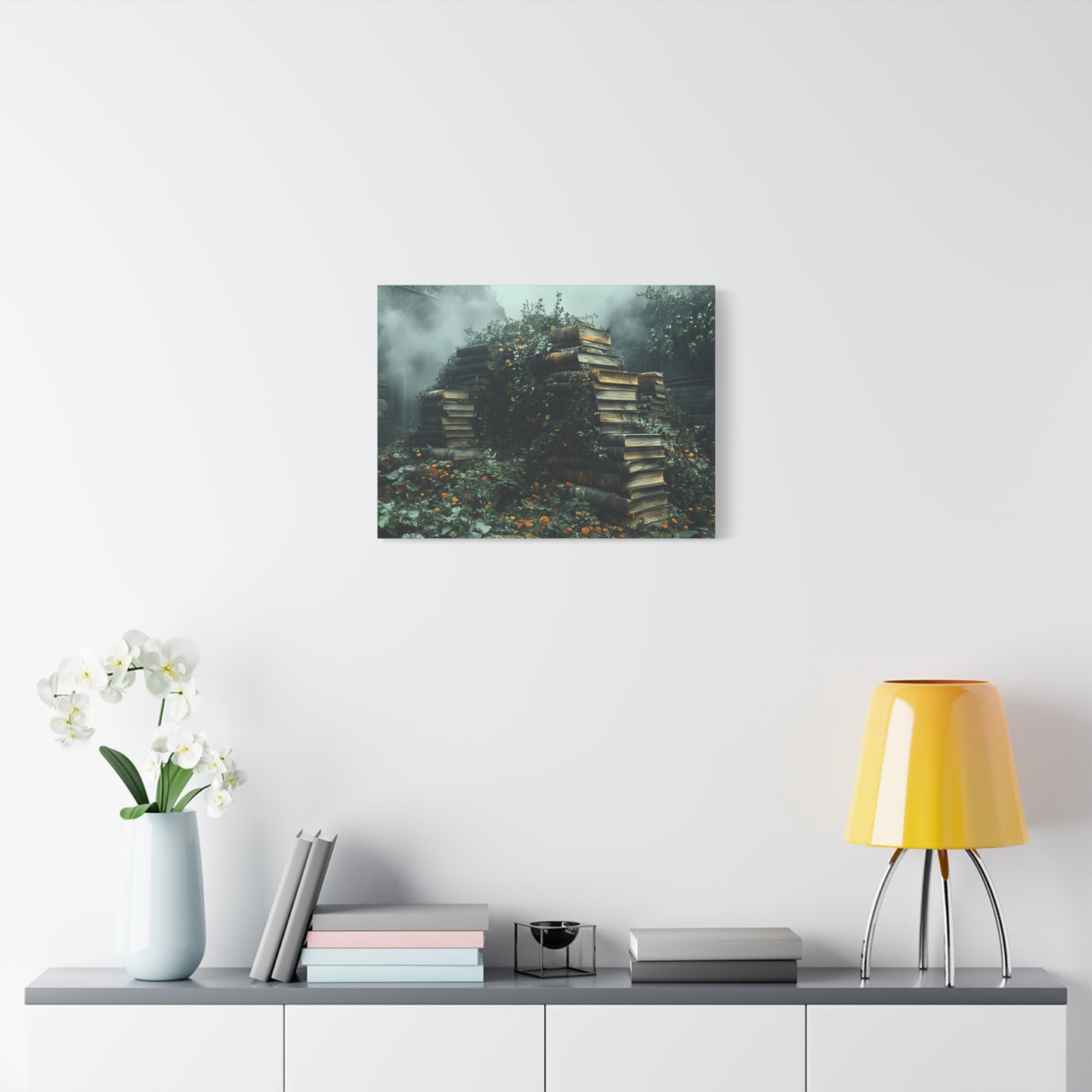 Mystical Book Stack Canvas Art, Enchanted Wall Decor, Literary Home Decor, Cozy Living Room Art, Nature Aesthetic