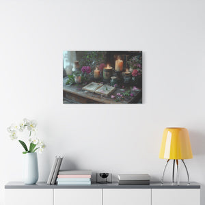 Stretched canvas wall art with vintage floral arrangement and candlelight décor for cozy living room ambiance