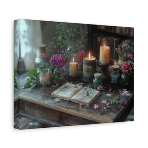 Stretched canvas wall art with vintage floral arrangement and candlelight décor for cozy living room ambiance