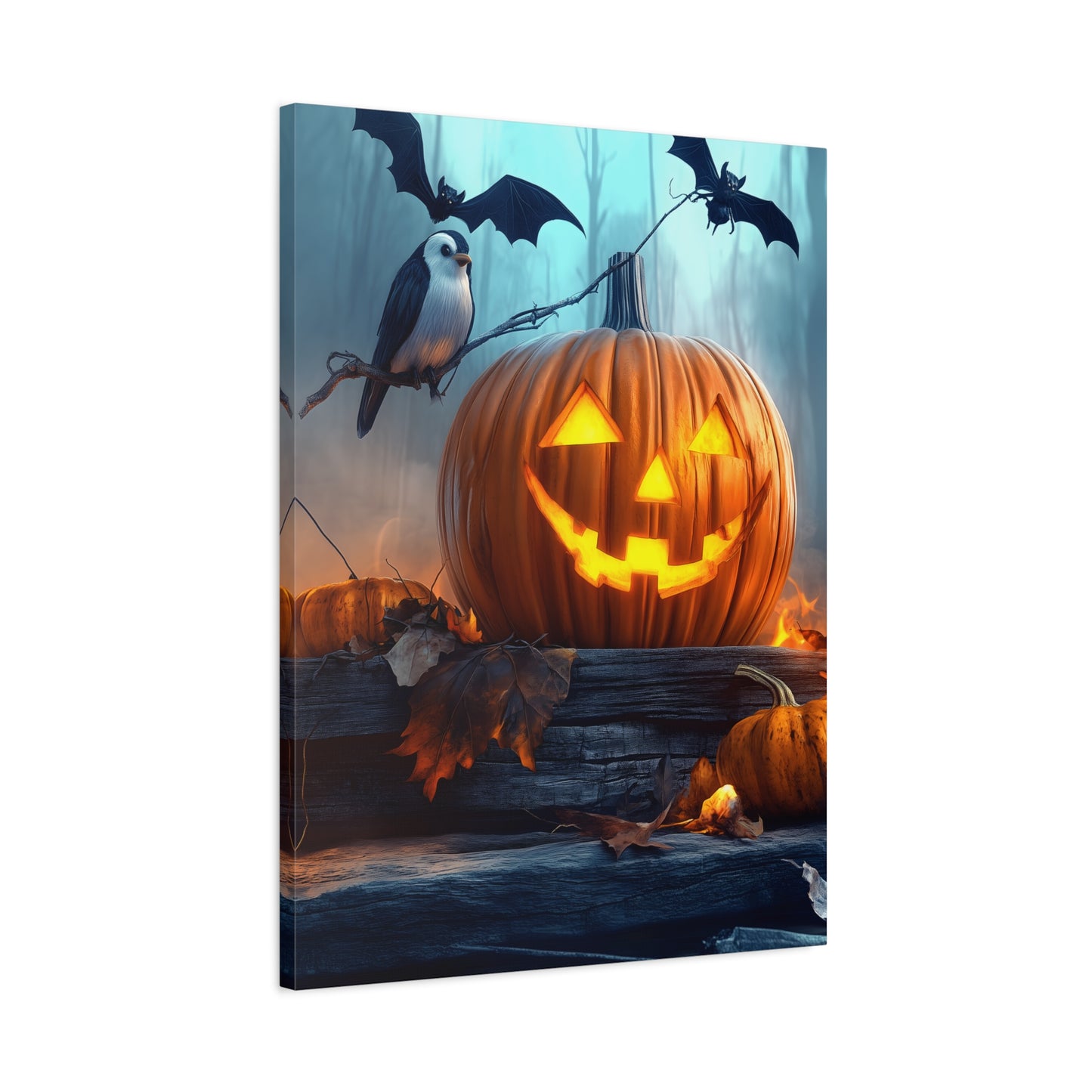 Halloween Canvas Art, Spooky Pumpkin Wall Decor, Fall Home Décor, Autumn Decoration, Bat and Crow Illustration