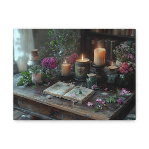 Stretched canvas wall art with vintage floral arrangement and candlelight décor for cozy living room ambiance