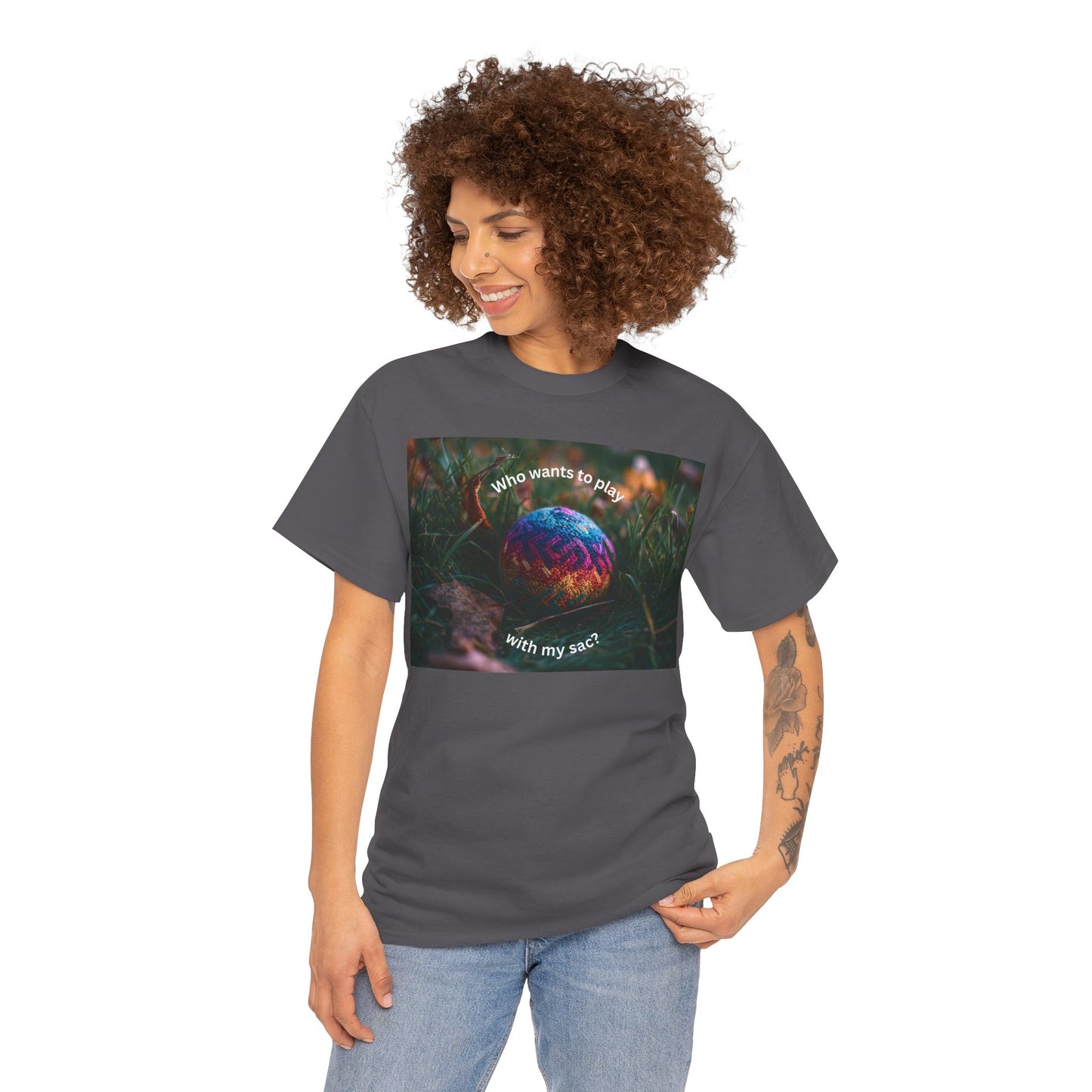 Playful Unisex Heavy Cotton Tee featuring humorous hacky sack graphic, perfect for casual wear.