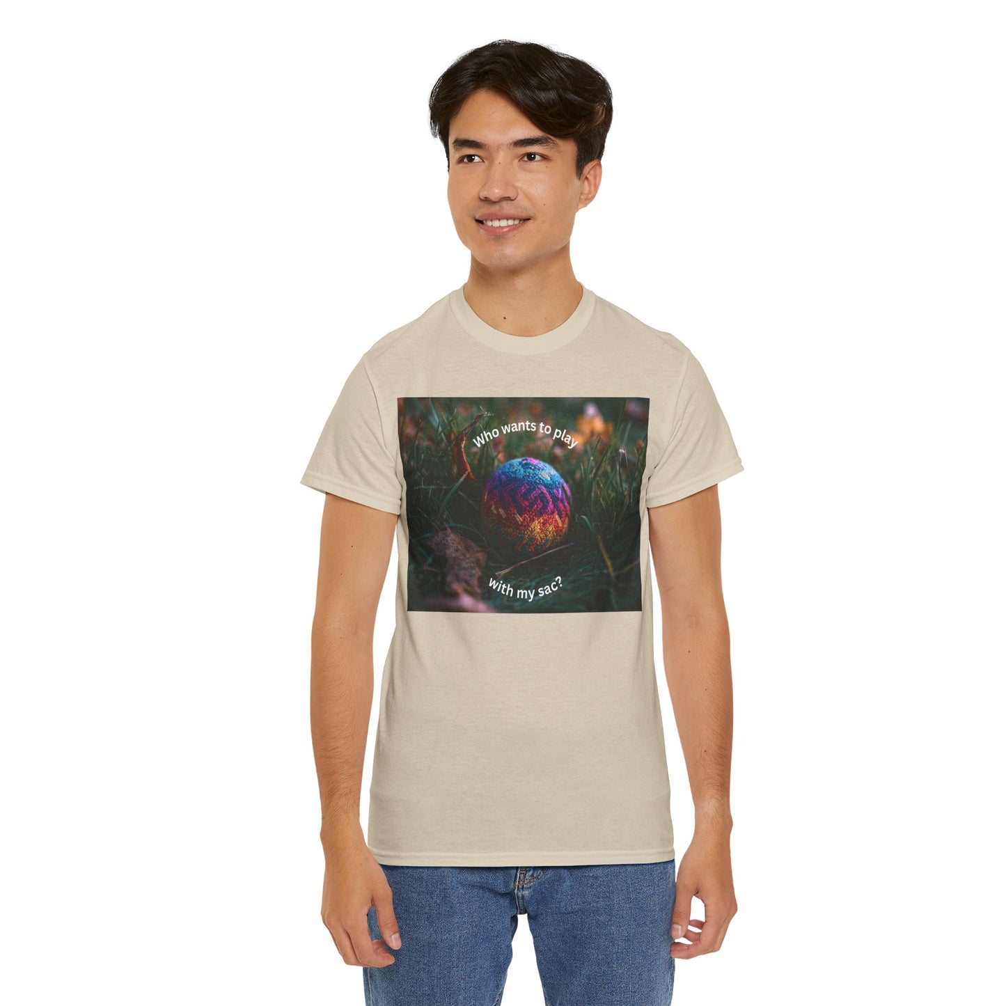 Playful Unisex Heavy Cotton Tee featuring humorous hacky sack graphic, perfect for casual wear.