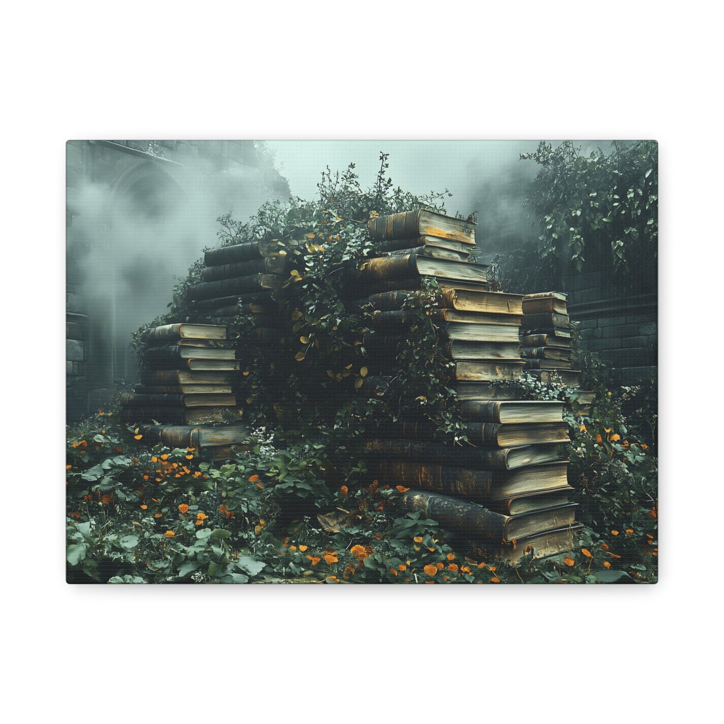 Mystical Book Stack Canvas Art, Enchanted Wall Decor, Literary Home Decor, Cozy Living Room Art, Nature Aesthetic