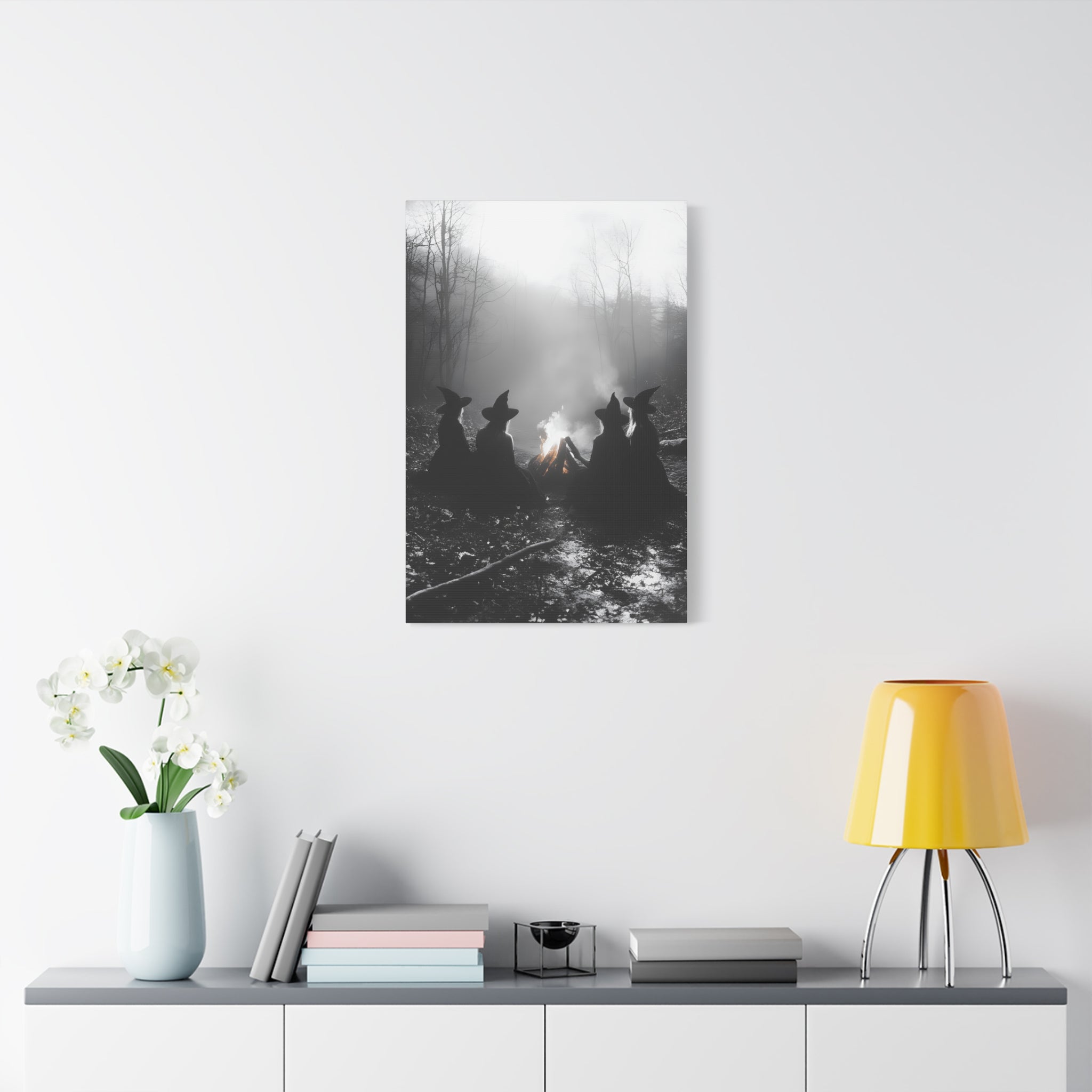 Mystical Witch Campfire Canvas Art, Boho Wall Decor, Halloween Home Decor, Witchy Aesthetic Art, Dark Forest Scene