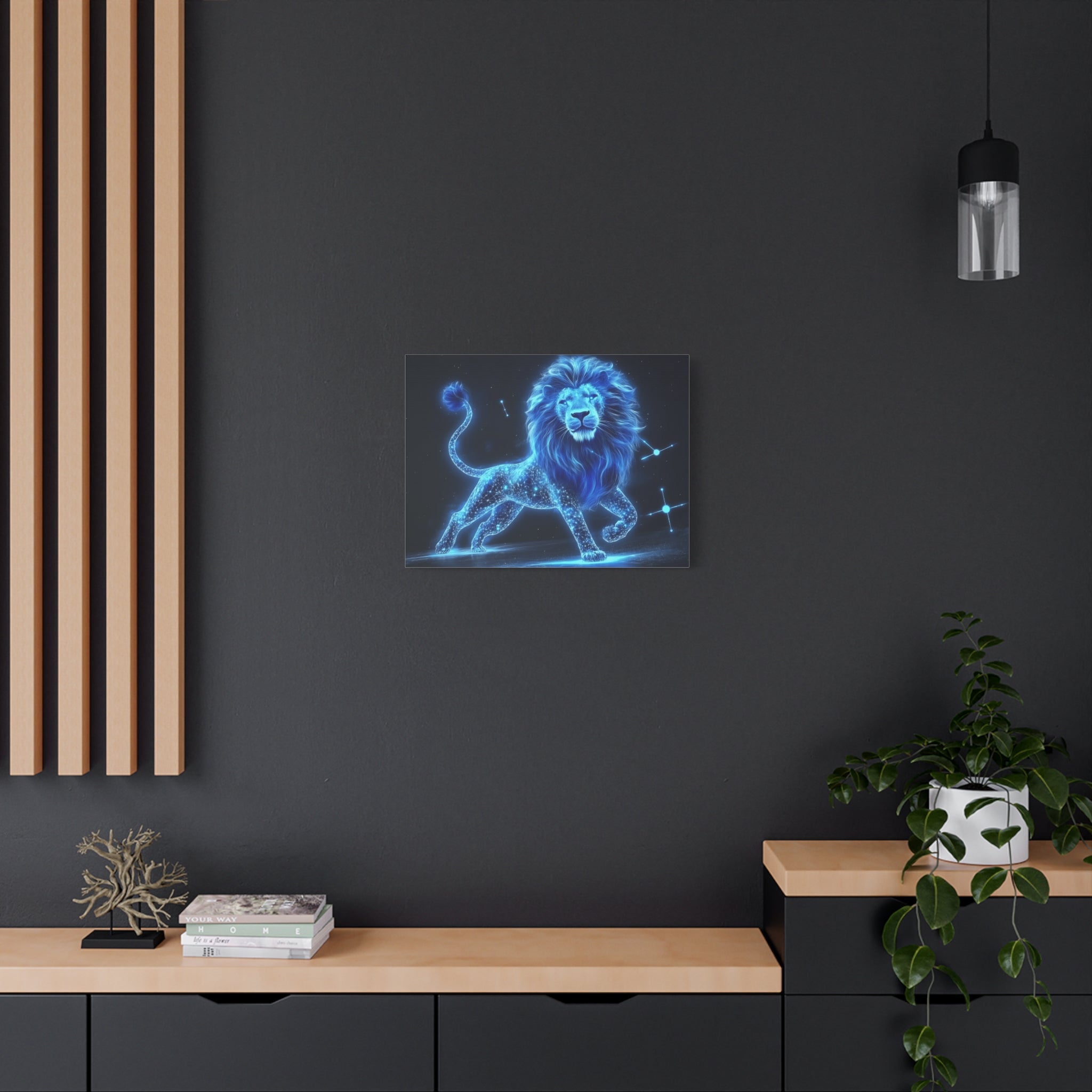 Celestial Lion Canvas Art, Cosmic Decor, Starry Night Wall Art, Gift for Animal Lovers, Home Office Decor, Vibrant Blue Canvas