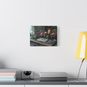 Stretched canvas wall art with vintage floral arrangement and candlelight décor for cozy living room ambiance