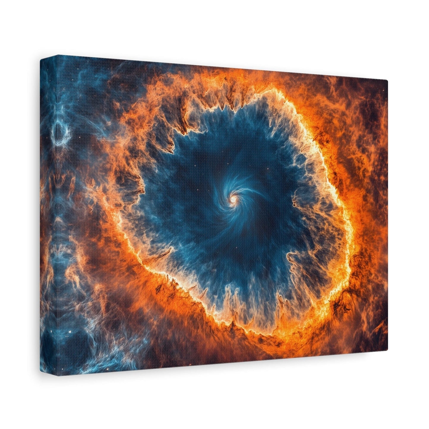 Celestial Canvas Wall Art featuring a vibrant galaxy print with vivid blue and fiery orange cosmic swirls on stretched matte canvas for home decor and space lovers.