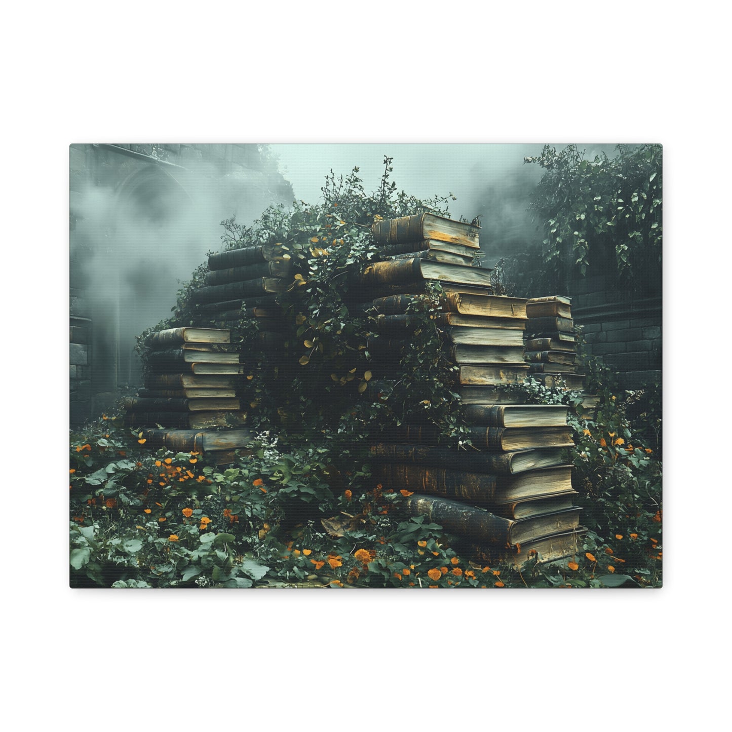Mystical Book Stack Canvas Art, Enchanted Wall Decor, Literary Home Decor, Cozy Living Room Art, Nature Aesthetic