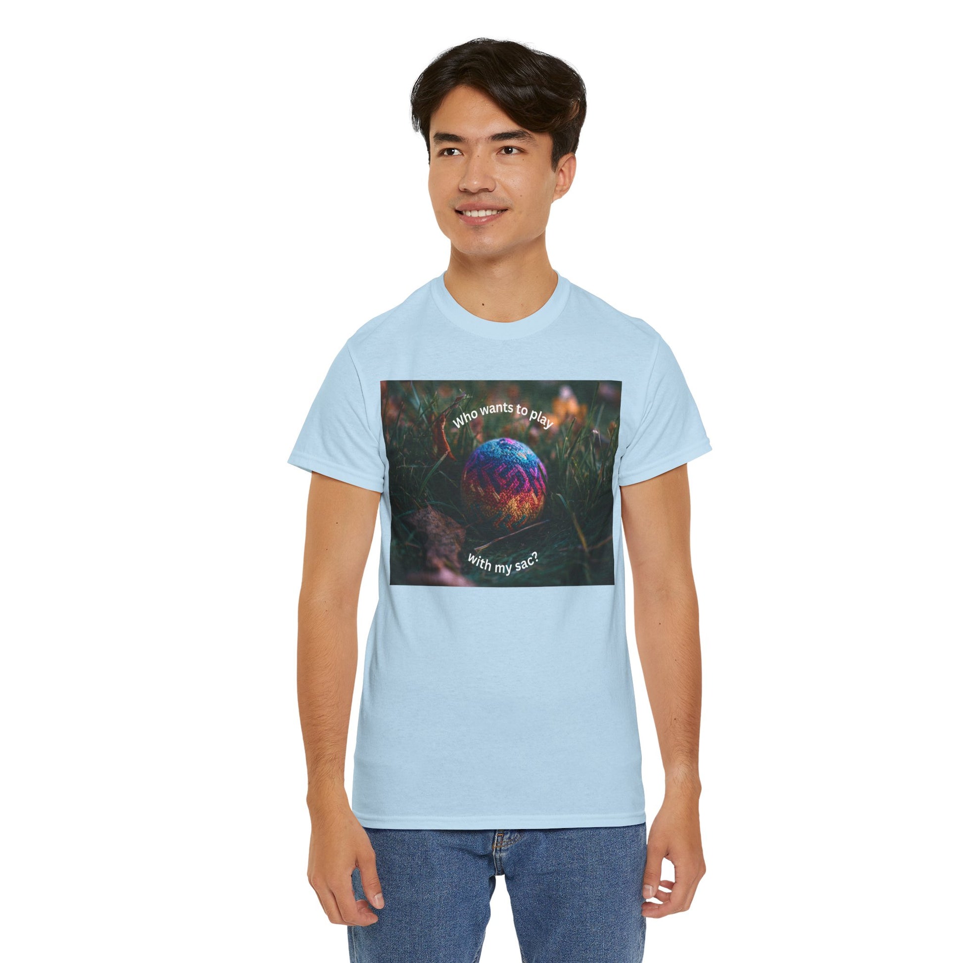 Playful Unisex Heavy Cotton Tee featuring humorous hacky sack graphic, perfect for casual wear.