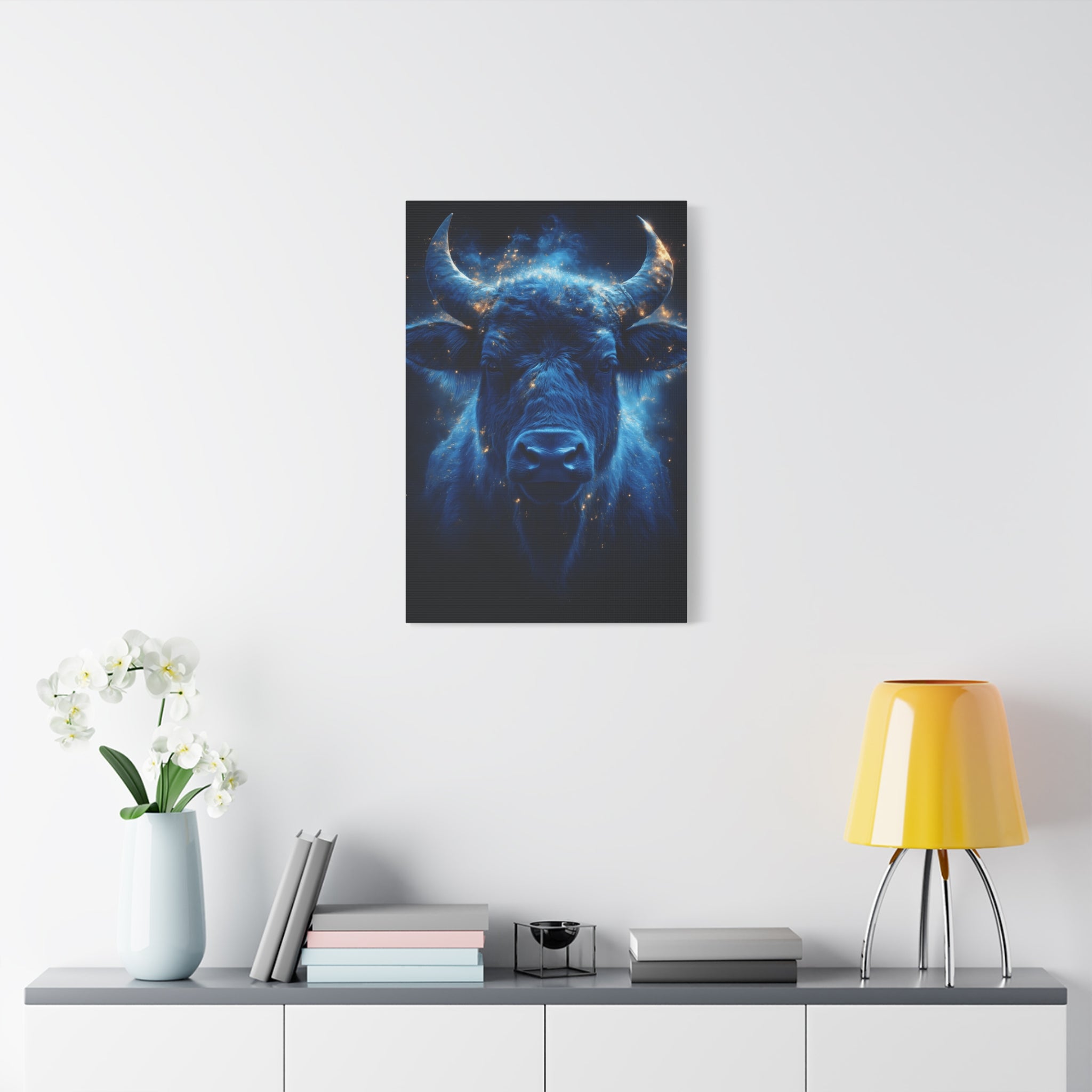 Cosmic Bull Canvas Art, Vibrant Wall Decor, Farmhouse Chic, Gift for Animal Lovers, Unique Home Accent, Astrology Inspired