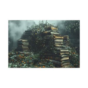 Mystical Book Stack Canvas Art, Enchanted Wall Decor, Literary Home Decor, Cozy Living Room Art, Nature Aesthetic