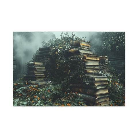 Mystical Book Stack Canvas Art, Enchanted Wall Decor, Literary Home Decor, Cozy Living Room Art, Nature Aesthetic