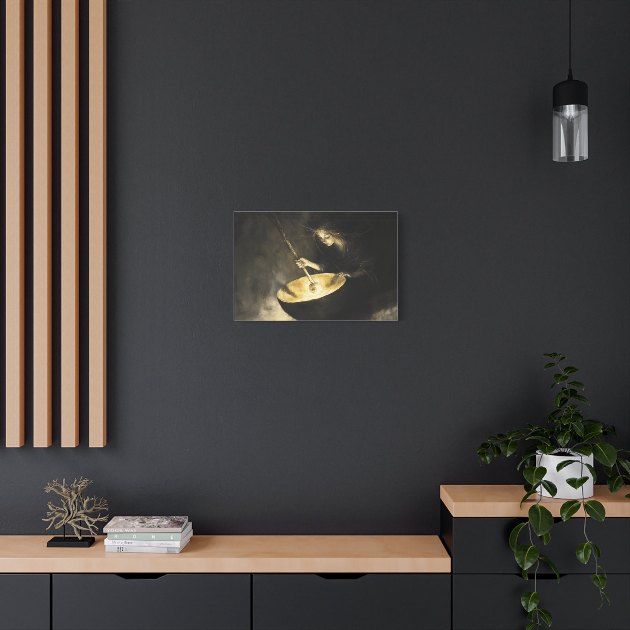 Mystical Canvas Art: Enchanting Witch in Black and Gold, Fantasy Wall Decor, Home & Kitchen Art, Unique Gift for Occasions