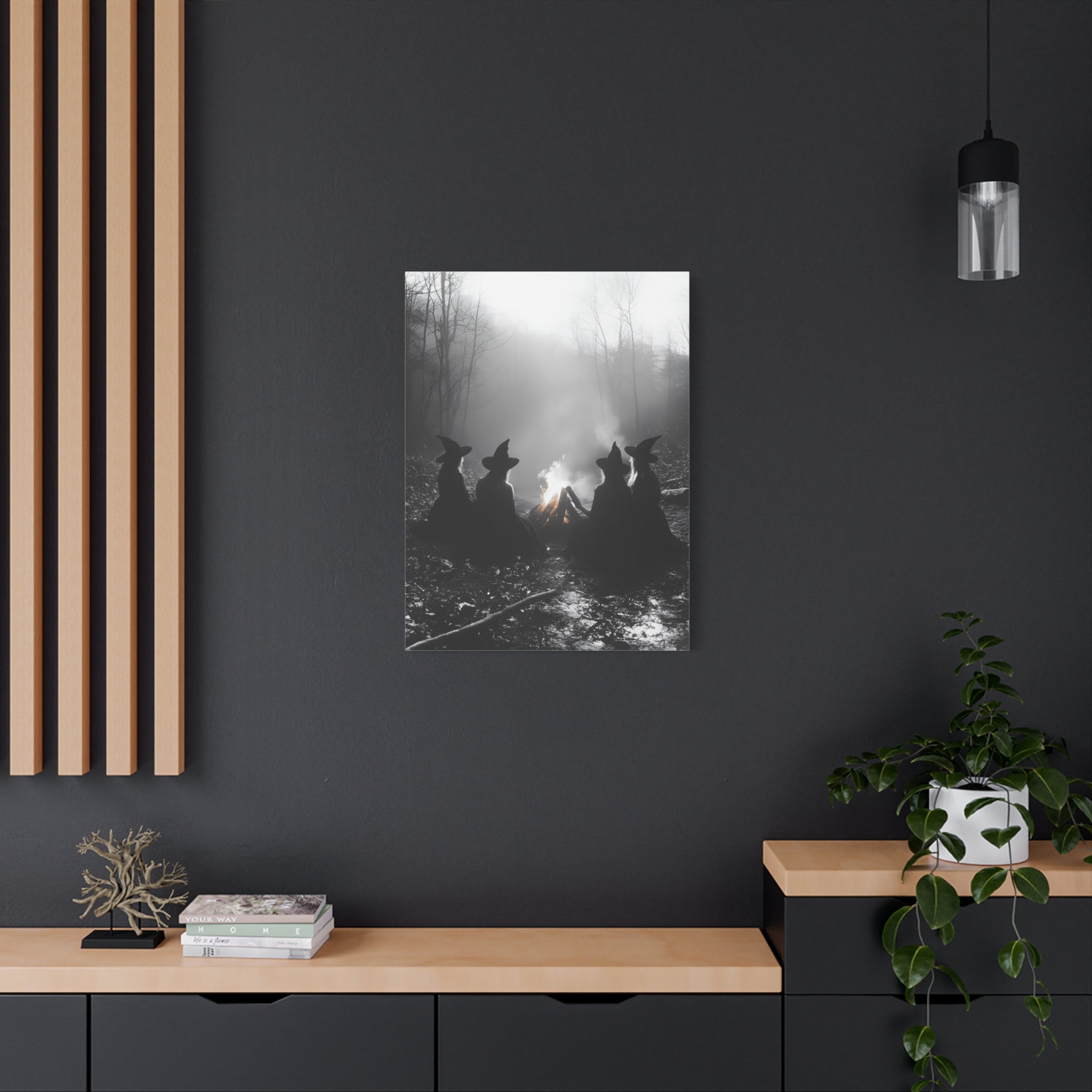 Mystical Witch Campfire Canvas Art, Boho Wall Decor, Halloween Home Decor, Witchy Aesthetic Art, Dark Forest Scene