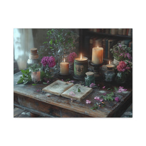 Stretched canvas wall art with vintage floral arrangement and candlelight décor for cozy living room ambiance