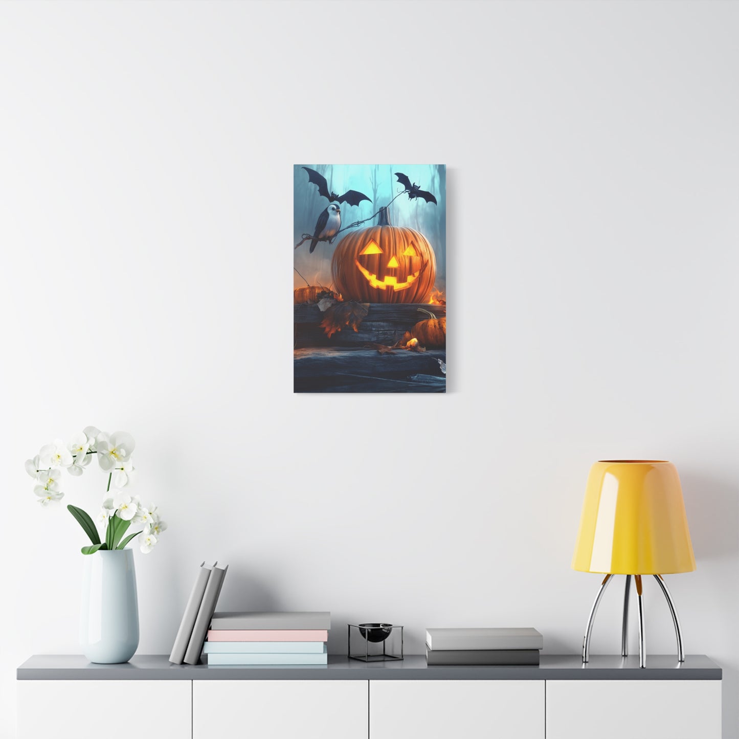 Halloween Canvas Art, Spooky Pumpkin Wall Decor, Fall Home Décor, Autumn Decoration, Bat and Crow Illustration