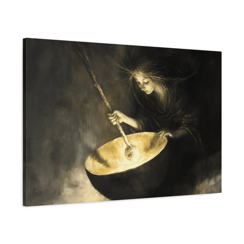 Mystical Canvas Art: Enchanting Witch in Black and Gold, Fantasy Wall Decor, Home & Kitchen Art, Unique Gift for Occasions