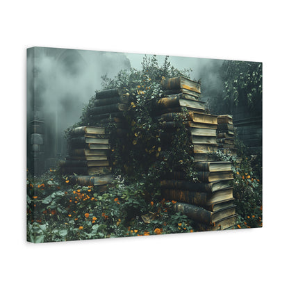 Mystical Book Stack Canvas Art, Enchanted Wall Decor, Literary Home Decor, Cozy Living Room Art, Nature Aesthetic