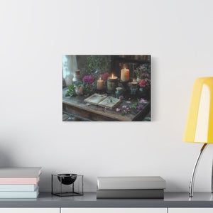 Stretched canvas wall art with vintage floral arrangement and candlelight décor for cozy living room ambiance