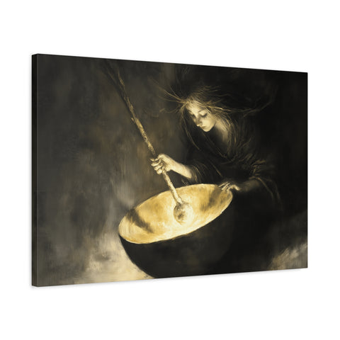 Mystical Canvas Art: Enchanting Witch in Black and Gold, Fantasy Wall Decor, Home & Kitchen Art, Unique Gift for Occasions
